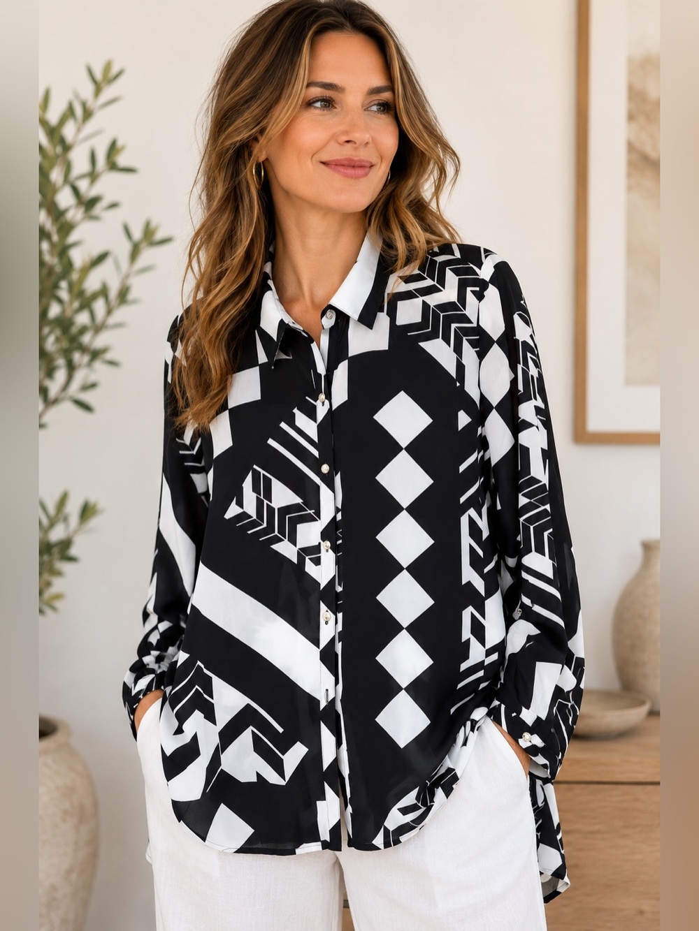 NY COLLECTION | Black and White Geometric Blouse